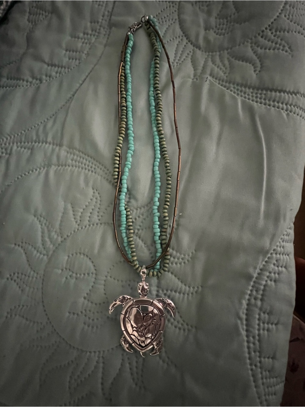 Hand Crafted Turquoise and Olive Multi-Strand Turtle Necklace